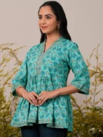 Turquoise Printed Cotton A-Line Kurti - Image 3