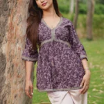 Purple Printed Silk Blend A-line Kurti