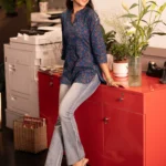 Blue Printed Cotton Straight Short Kurti