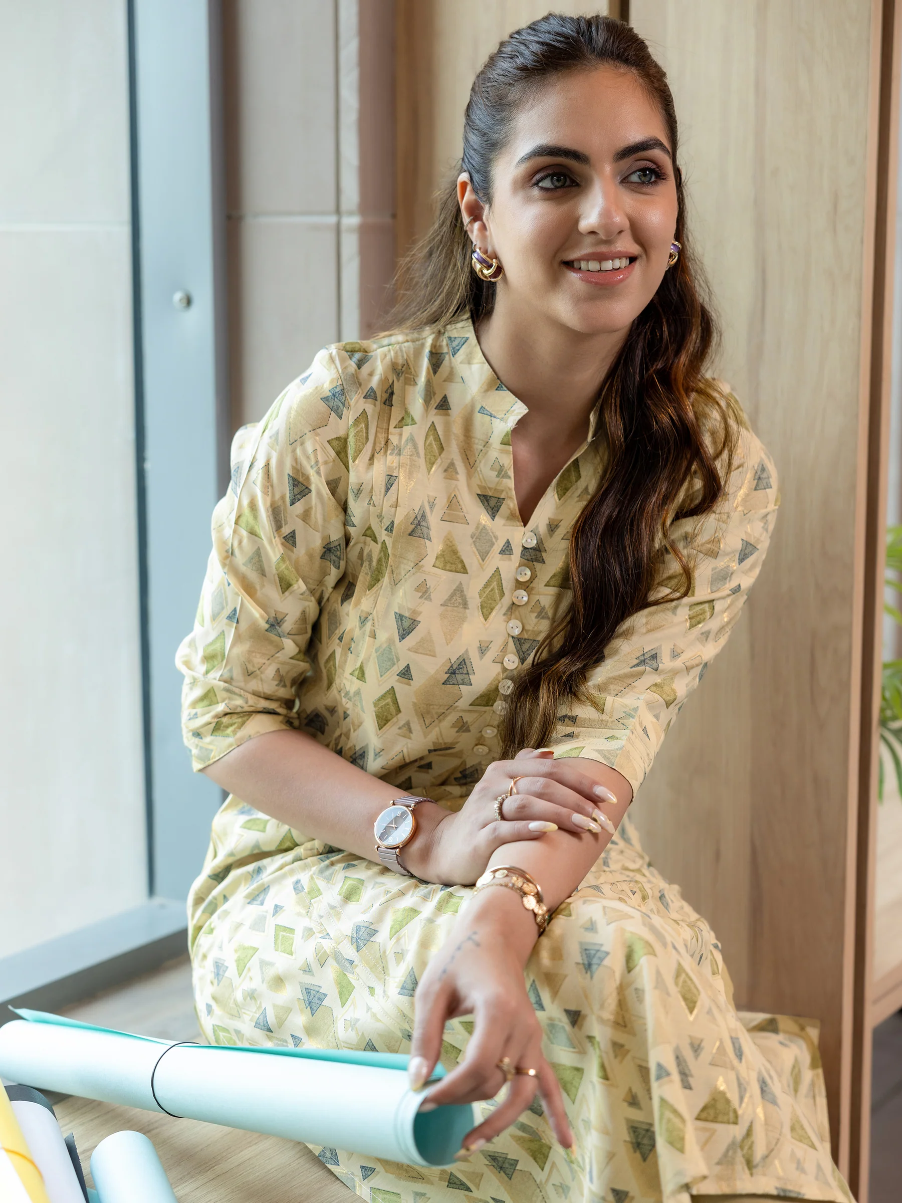 29484O_main.webp Beige Printed Silk Blend Straight Kurta - Image 1