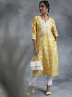 Yellow Embroidered Cotton Straight Kurta