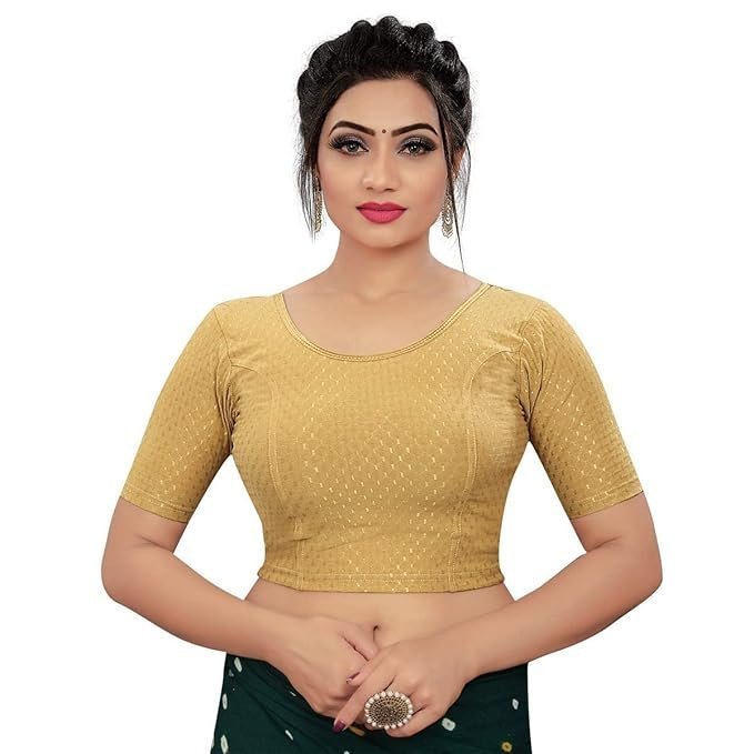 61JMvTGJJ7L._SX679_.jpg Round Neck Dobby Cotton Lycra Stretchable Elbow Sleeve Readymade Saree Blouse for Women Stylish (Free Size) - Image 1