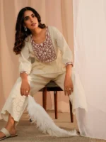 Off White Yoke Design Cotton A-Line Kurti - Image 4