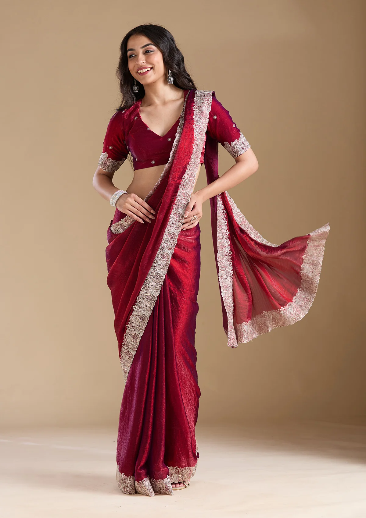 SAUS0044127_WINE_5.webp Wine Zariwork (Silver) Chiffon Saree - Image 1